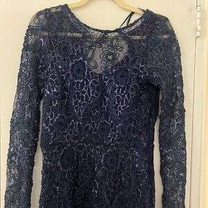 Betsy & Adam Navy Floral Lace Long Sleeve Dress
